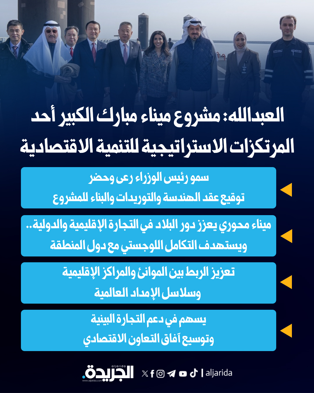 العبدالله: ميناء مبارك الكبير أحد المرتكزات الاستراتيجية للتنمية الاقتصادية في الكويت. رئيس الوزراء رعى وحضر توقيع عقد هندسة وتوريدات وبناء المشروع 