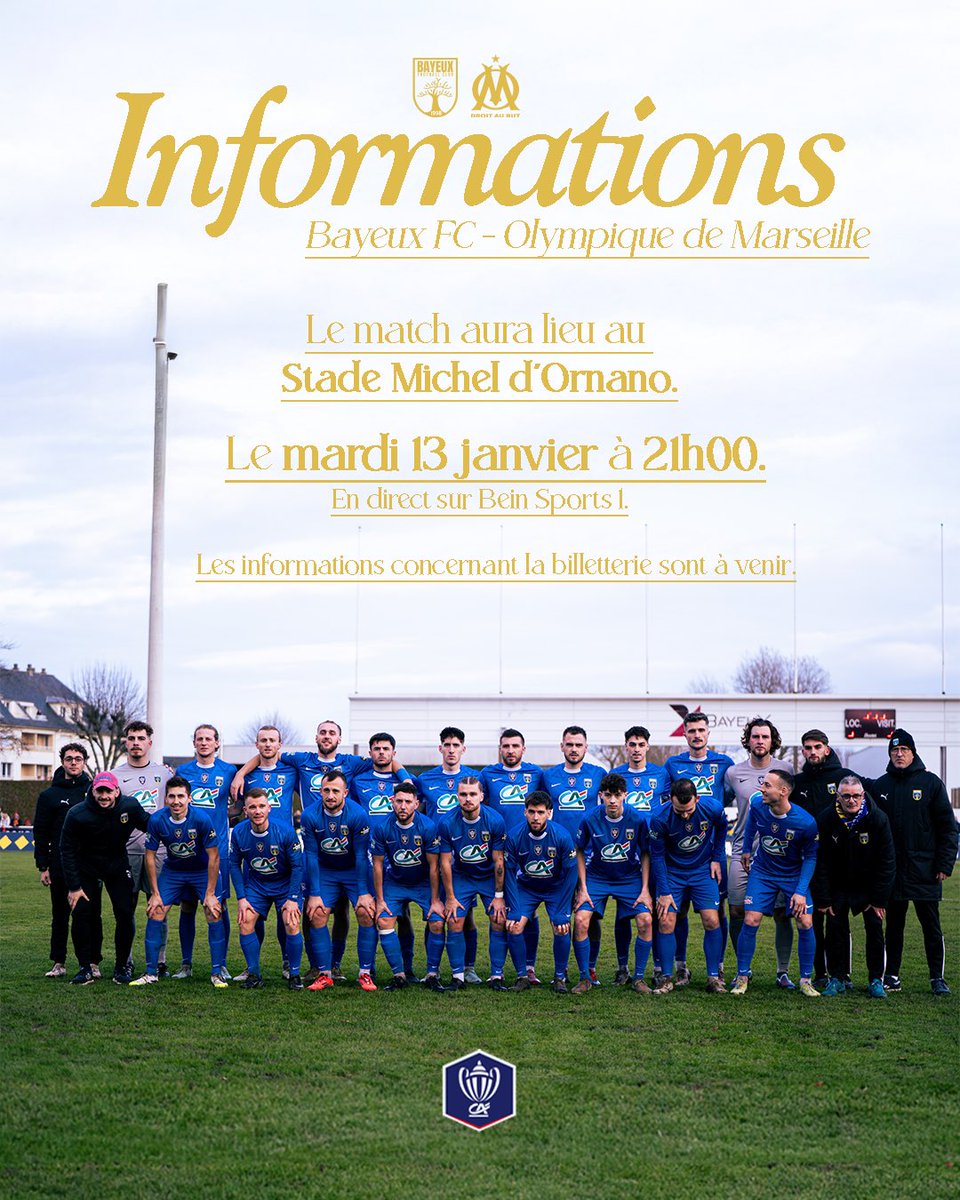 Des infos pour la réception de l’OM 👇

Le match aura lieu au Stade Michel d’Ornano à Caen, le mardi 13 janvier, à 21h00. 🏟️

Un rendez-vous à suivre sur les antennes de Bein Sports. 📺

#BFCOM #CoupeDeFrance #AllezBayeux🔵🟡