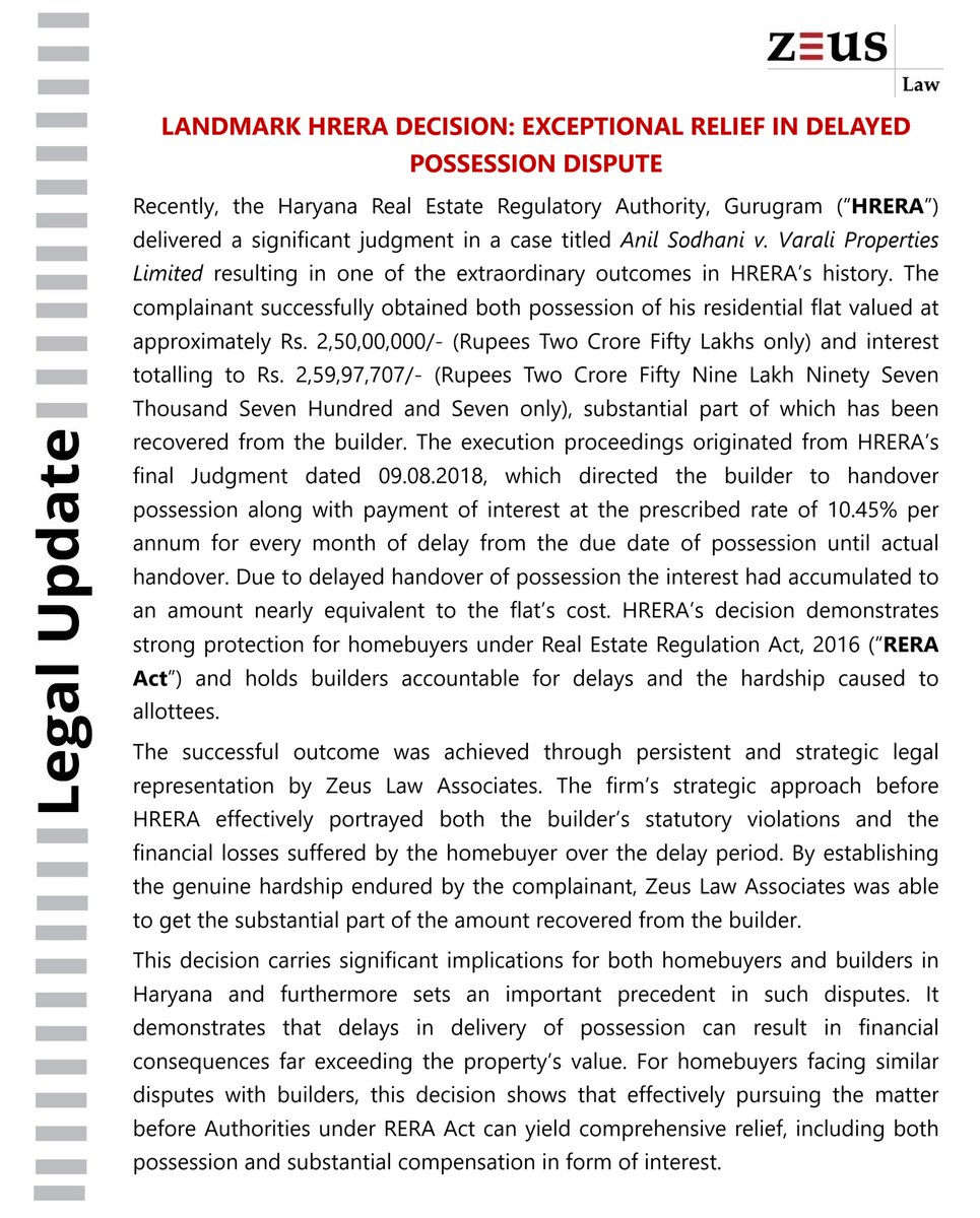 ZEUSLAW's tweet image. Legal Update: In a historic HRERA ruling, a homebuyer was awarded Rs. 2.6 Crores in interest, exceeding the flat’s actual cost, alongside possession, setting a powerful new precedent.

#HRERA #LandmarkRuling #HomebuyerRights

#ConsumerJustice #RealEstateReform #LegalVictory