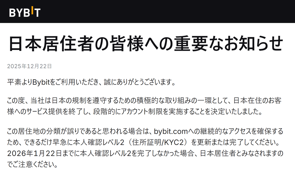 angorou7's tweet image. バイビットが日本人へのサービス提供をやめると発表しました⚠️

Bybitは取引量世界2位の海外暗号資産取引所

過去に日本の規制強化によって国内取引所が使いづらくなり、多くの日本人がBybitに流れました

金融庁は流出を食い止めるため、Bybitに3回警告、Bybitアプリをアプリストアから削除しました
