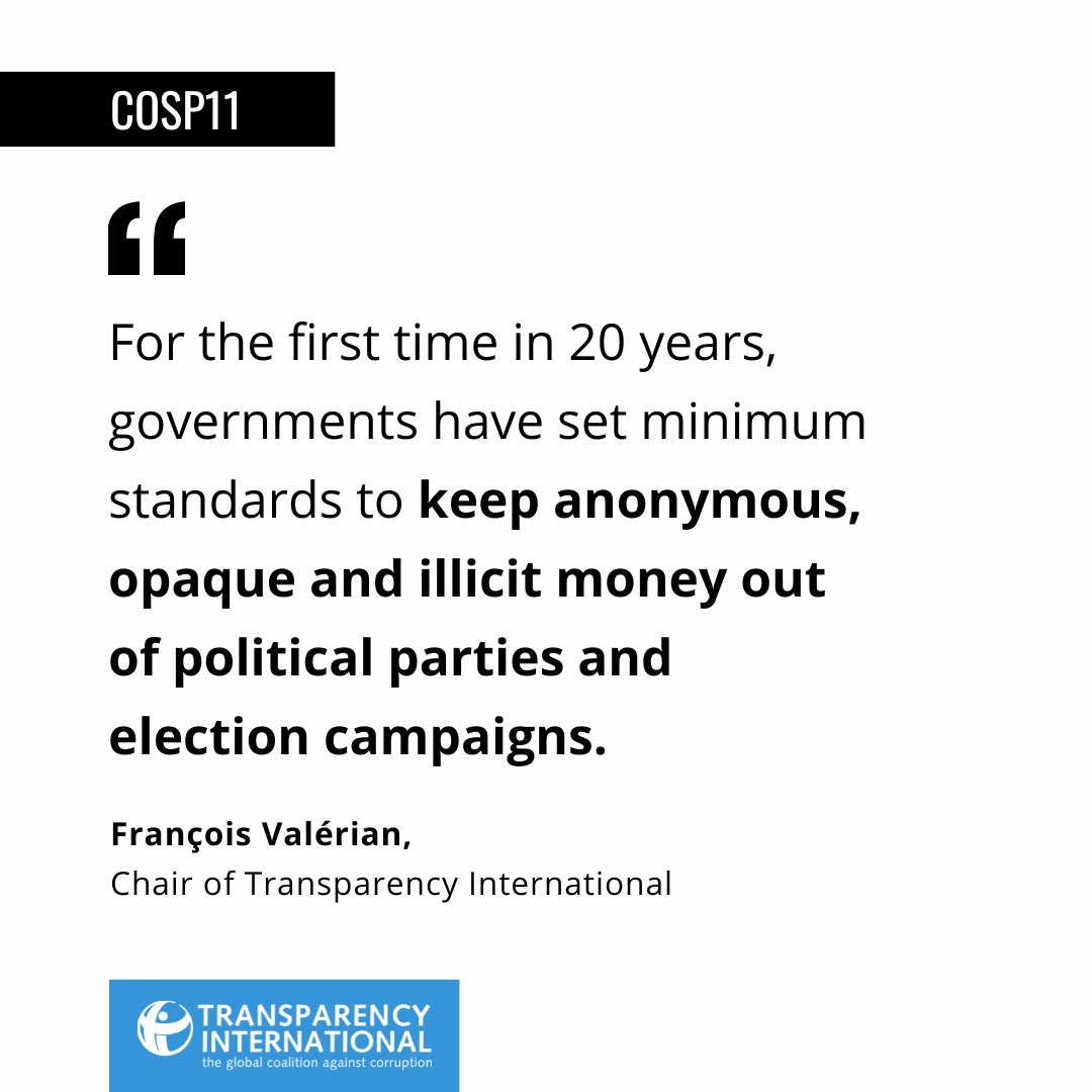#CoSP11: The UN Convention against Corruption conference wrapped up last Friday in Doha, and there's a big update. Here’s a brief recap. ⬇️

First of all, the good news. 🎉 Countries have adopted a resolution that sets minimum standards for political finance transparency.