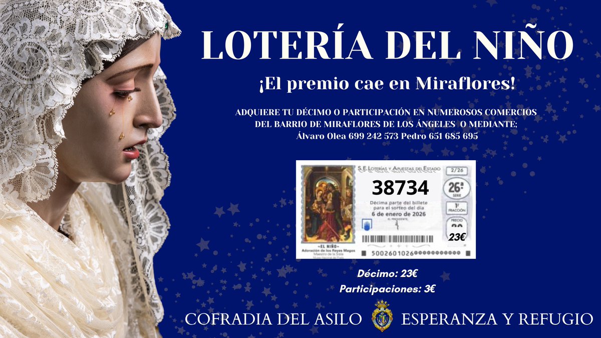 No nos ha tocado “El Gordo”…

¡PERO LLEVAMOS EL NIÑO! 👶🏻

Adquiere tu décimo en numerosos comercios del barrio, y… ¡Mucha suerte!

#CofradíaMLG
