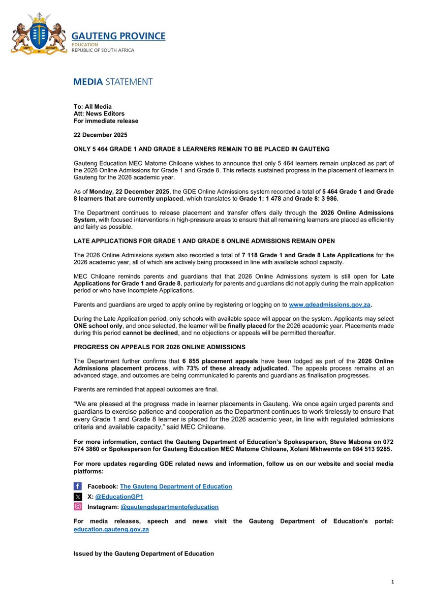 Gauteng Department of Education tweet media