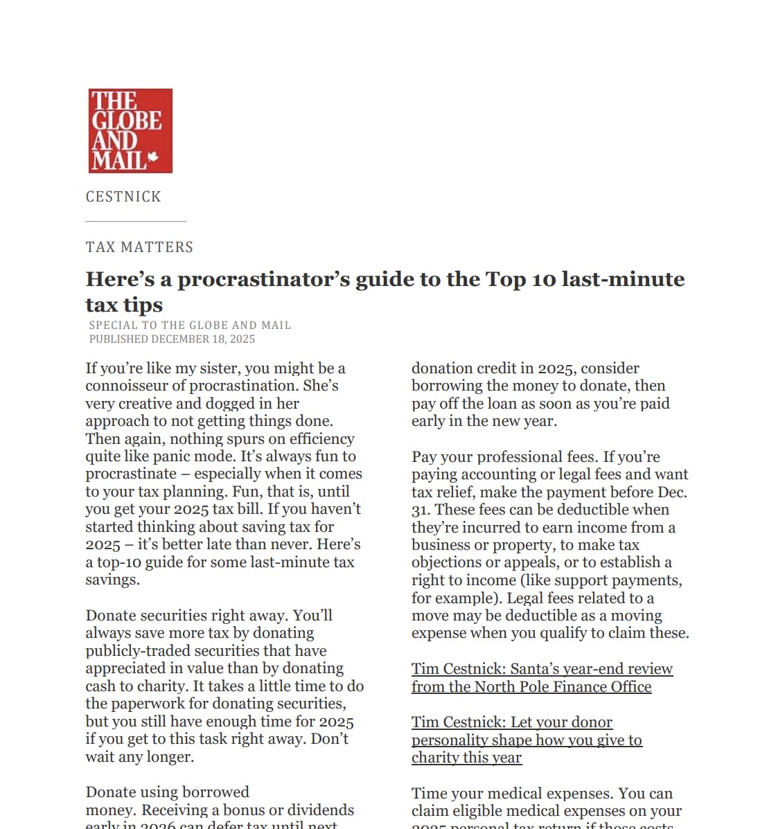 Our Co-Founder and CEO, Tim Cestnick, has written a recent piece in The Globe and Mail, "Here’s a procrastinator’s guide to the Top 10 last-minute tax tips." bit.ly/4901q6d #taxmatters #finances #theglobeandmail #ourfamilyoffice