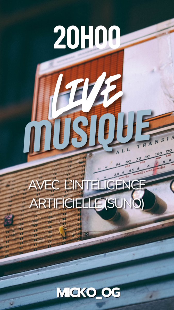 Live : On fait des sons ensemble !
Aujourd’hui on fait des musiques, Jingle, générique avec l’IA
Parce que c’est drôle.
Balance tes idées et je les réalise
Tirage au sort à n'importe quel moment + de 200€ à gagner (!jeu)

twitch.tv/micko_og