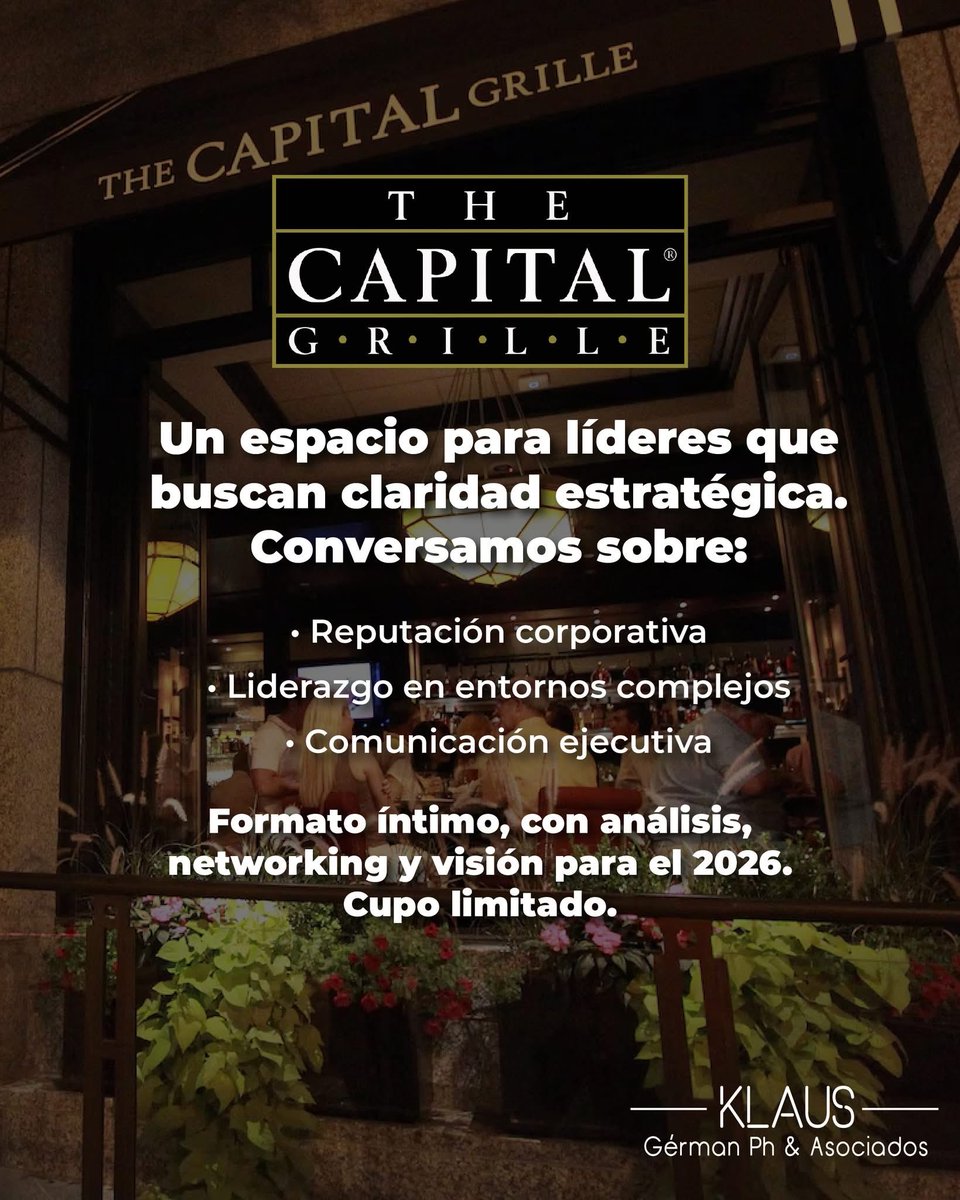 Las conversaciones que mueven decisiones suceden alrededor de la mesa.

Nuestros encuentros en #TheCapitalGrille reúnen a directivos y expertos para reflexionar sobre liderazgo, reputación y estrategia.

Próximas sesiones disponibles en klausgermanph.com