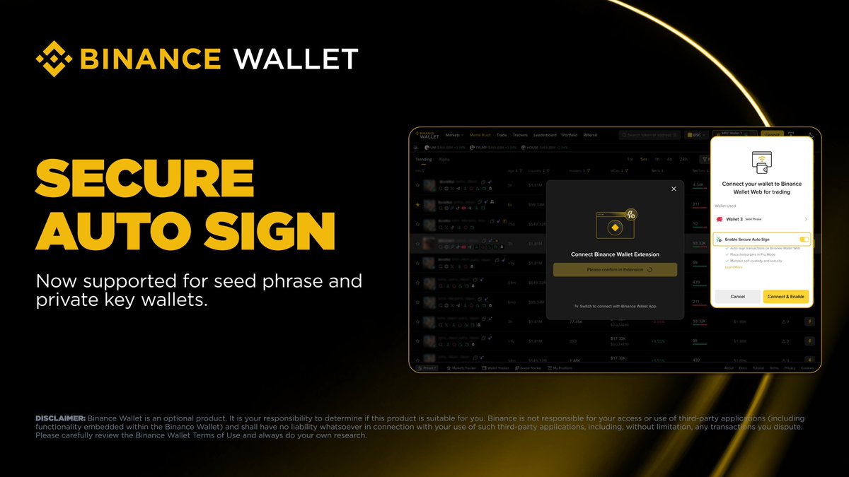 BinanceWallet's tweet image. Trading on #Binance Wallet (Web) just got easier 🚀

Secure Auto Sign (SAS) now supports seed phrase &amp;amp; private key wallets for trading on Binance Wallet (Web).

Connect via the Binance Wallet App or Extension and enable SAS to auto-sign trades and place limit orders.

Learn more…