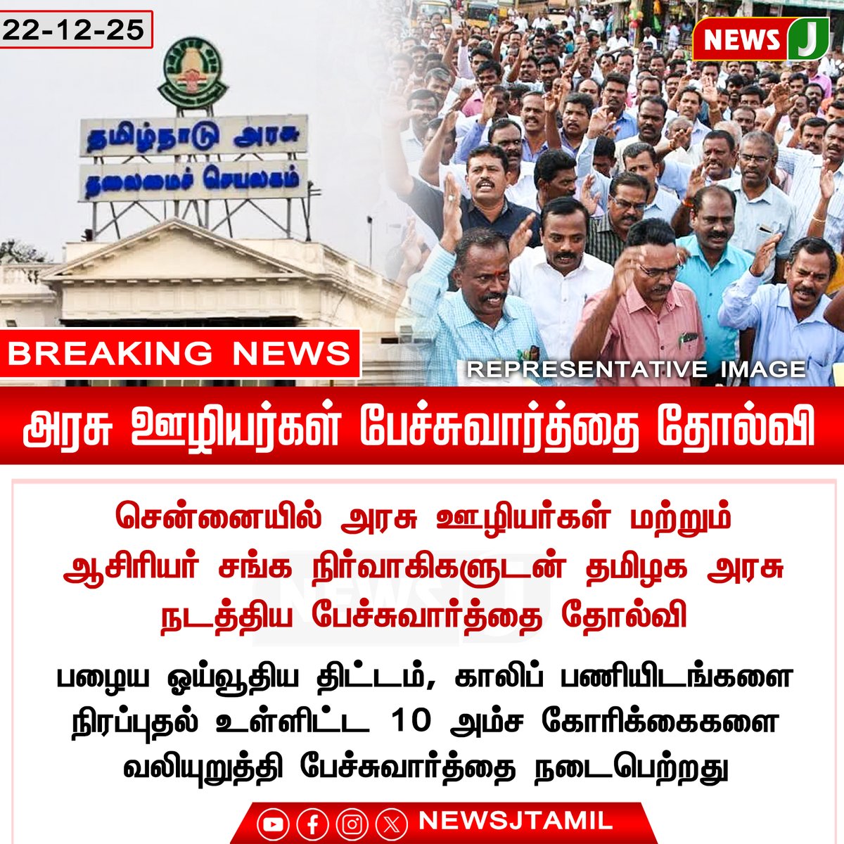 NewsJTamil's tweet photo. #BREAKING || அரசு ஊழியர்கள் பேச்சுவார்த்தை தோல்வி
#GovernmentEmployees | #NegotiationFailure | #LabourDispute | #EmployeeRights | #StrikeAlert | #TamilNadu | #PublicSector | #IndiaNews | #newsj https://t.co/xaIYjMBS7Q