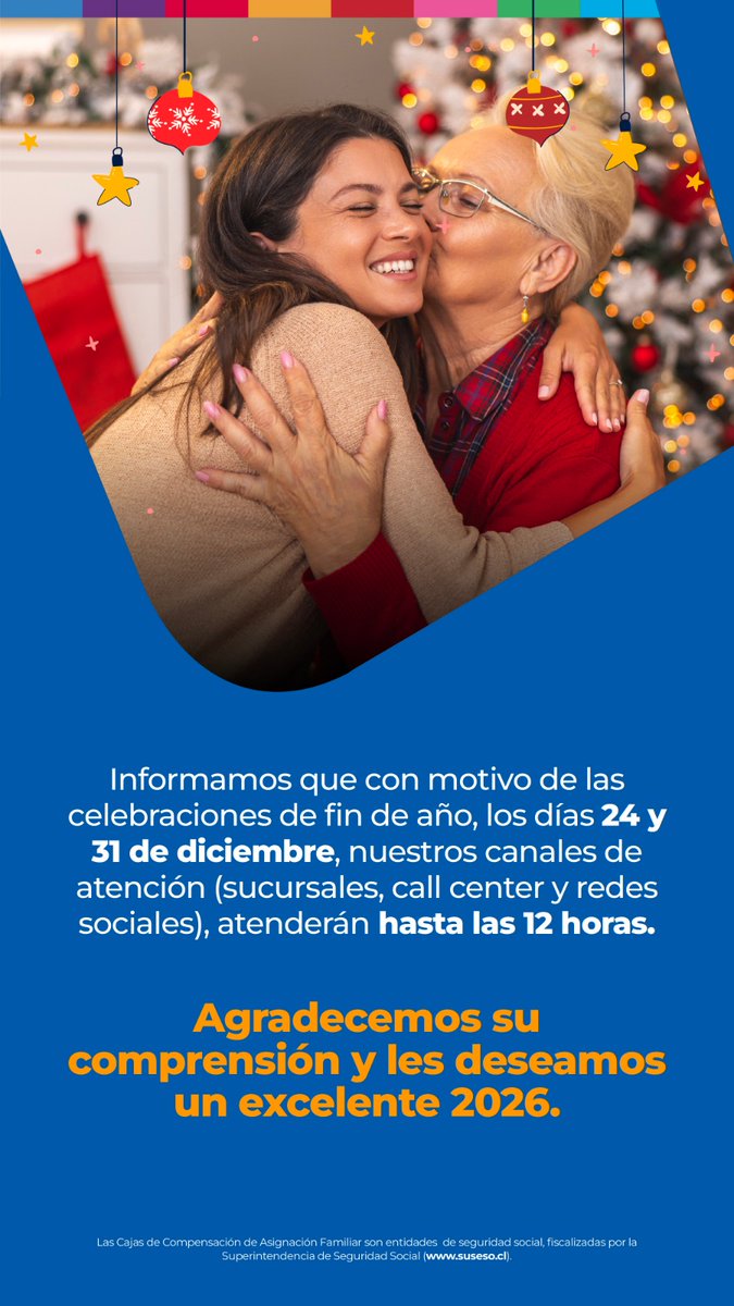 📌Informamos que por las celebraciones de fin de año, los días 24 y 31 de diciembre nuestros canales de atención (sucursales, call center y redes sociales) atenderán hasta las 12:00 hrs.

Gracias por su comprensión y ¡les deseamos un excelente 2026! 🎉

#LaAraucana
