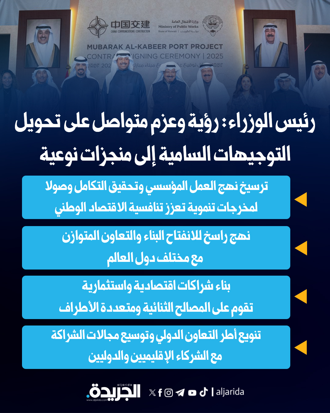 رئيس الوزراء: رؤية وعزم متواصل على تحويل التوجيهات السامية إلى منجزات نوعية. العبدالله رعى وحضر توقيع عقد الهندسة والتوريدات والبناء لمشروع #ميناء_مبارك_الكبير 