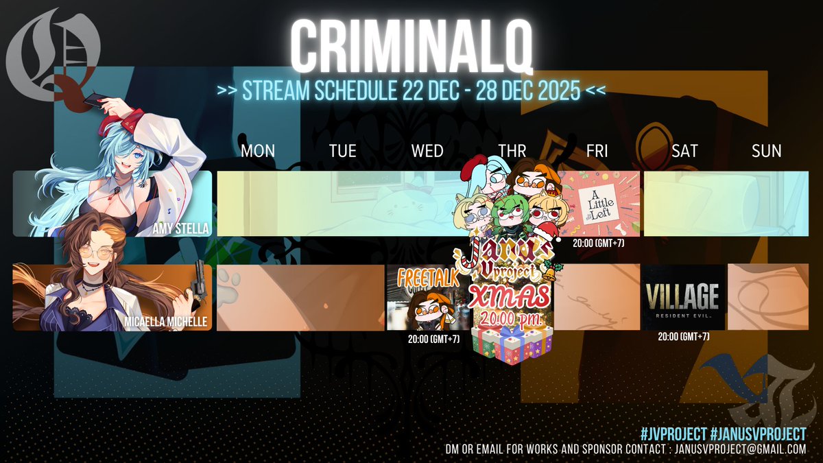 Janusv_Project's tweet image. SCHEDULE  22 DEC - 29 DEC 2025 ========================     
 -UNIT- 
#ZENTRION
 #CRIMINALQ
========================     
#VtuberTH #JVProject