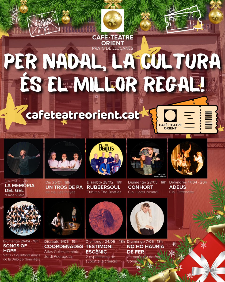 🎭✨ Aquest Nadal, regala cultura de proximitat!

🤗 A #PratsdeLluçanès i al #Lluçanès comptem amb un nou espai on les emocions i el talent emergeixen amb força.

🎟️ Entrades i informació:
🔗 cafeteatreorient.cat

🎁 Per Nadal, la cultura és el millor regal!

#CafèTeatreOrient