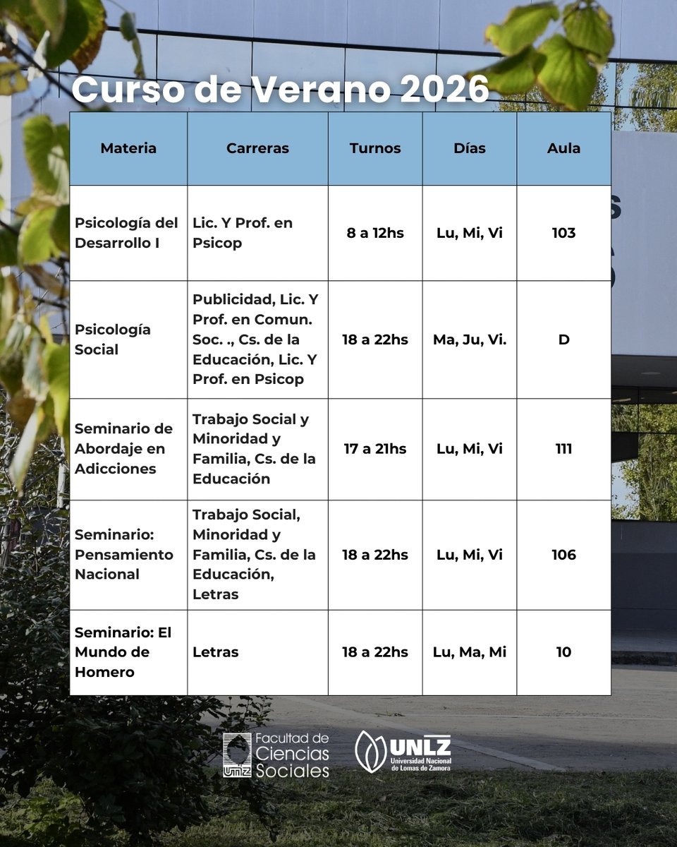 ☀️📚Inscripción al Curso de Verano 2026 para No Ingresantes

📝Martes 23 de diciembre

🖥A través del Siu Guaraní

📌Encontrá acá las aulas, días y horarios o en nuestra web sociales.unlz.edu.ar

#SocialesUNLZ #SomosSociales