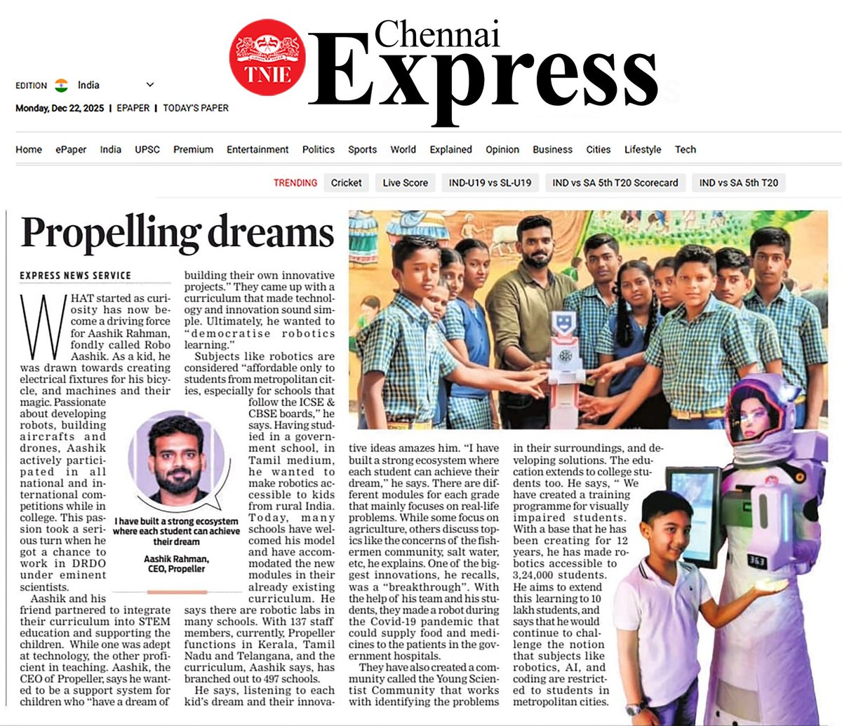 YES! This is the ecosystem we dreamed of building.

An unimaginable journey for students who dare to dream in Robotics &amp; AI — now recognised nationally.
Grateful to <a href="/IndianExpress/">The Indian Express</a> for capturing our story so beautifully.

This is just the beginning. 🚀
