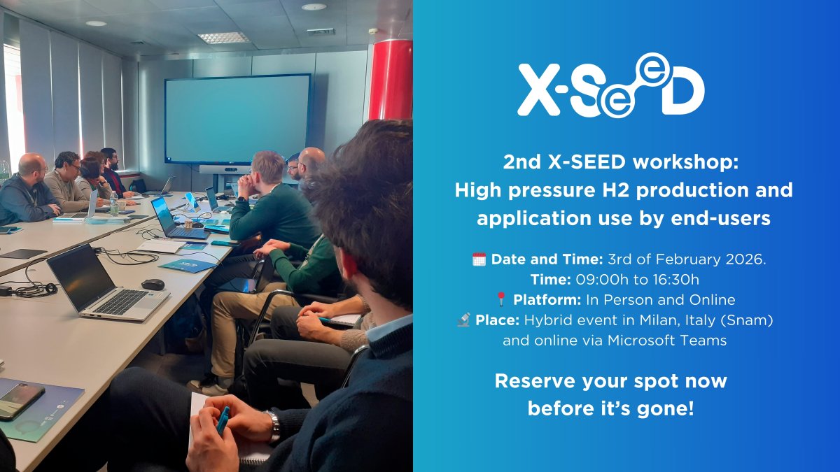 HYPRAELPROJECT's tweet photo. Excited to speak at the X-SEED Project Workshop on Feb 3, 2026, in Milan &amp; online! Dive into high-pressure H₂ production &amp; its industrial uses. Connect with top experts &amp; explore hydrogen's future. Join us in person or virtually! #Hydrogen #Innovation https://t.co/UgBpHO7Ncw