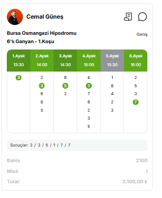 100 Bin bıraktığım hataya bakın ya.
Bu yarış dahil takibe alalım yazıp.
Bugün vazgeçtik.
Bazen olmaz...