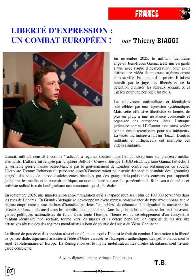 Liberté d’expression : un combat européen !
Article paru dans le bulletin nationaliste  -révolutionnaire Le Clan