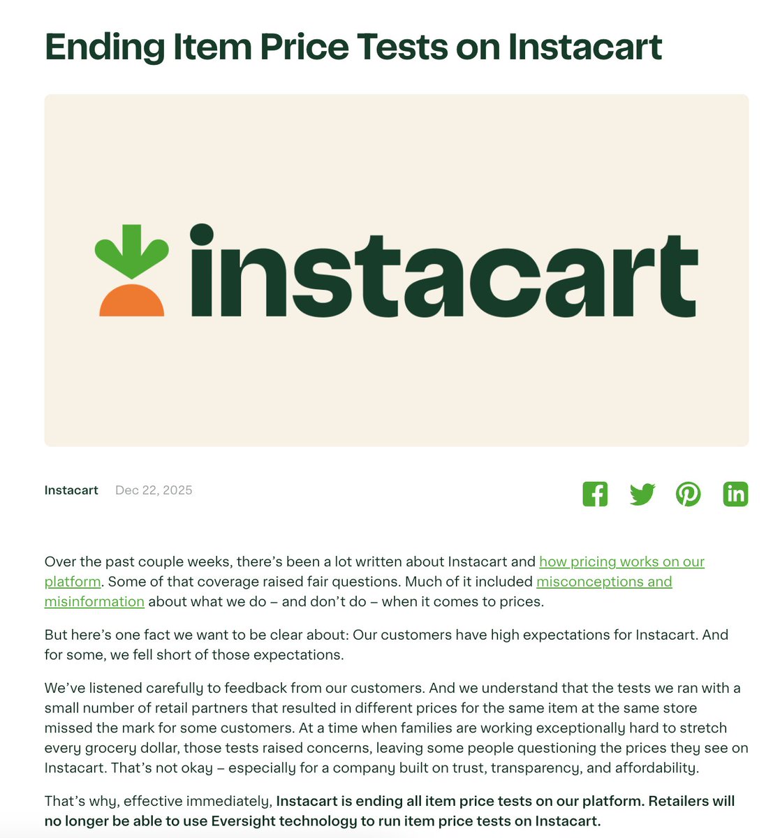 🔵MARKETEVANS: Instacart abbandona i prezzi dinamici dopo il feedback dei clienti