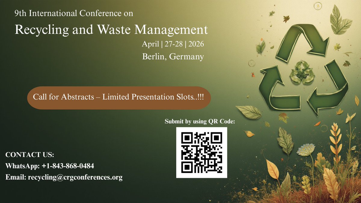 Calling Researchers &amp; Speakers!
We invite researchers &amp; experts to submit abstracts and present at #Recycling 2026 | Berlin, Germany
Share your work in recycling &amp; waste management.
Submit now: crgconferences.com/recycling/abst…
#CallForAbstracts #WasteManagement #Sustainability