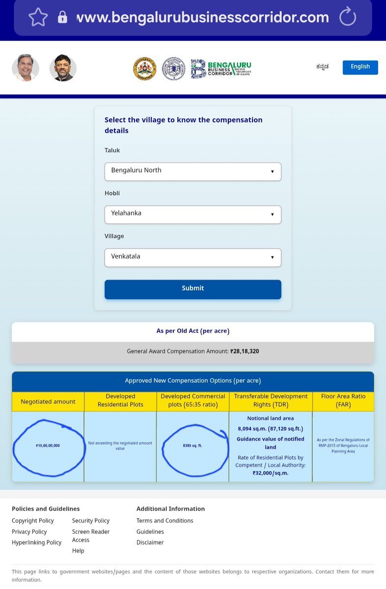 Maheshbr4U's tweet image. ■#Bengaluru's much needed PRR aka BBC has moved ahead with  Compensation options  portal 👇
BengaluruBusinessCorridor.com■
■Info in both Kannada &amp;amp; English■
■For Example, Compensation for Properties in Venkatala Village of Yelahanka is ₹ 15.6 Cr/Acre,  which is 55 times old…