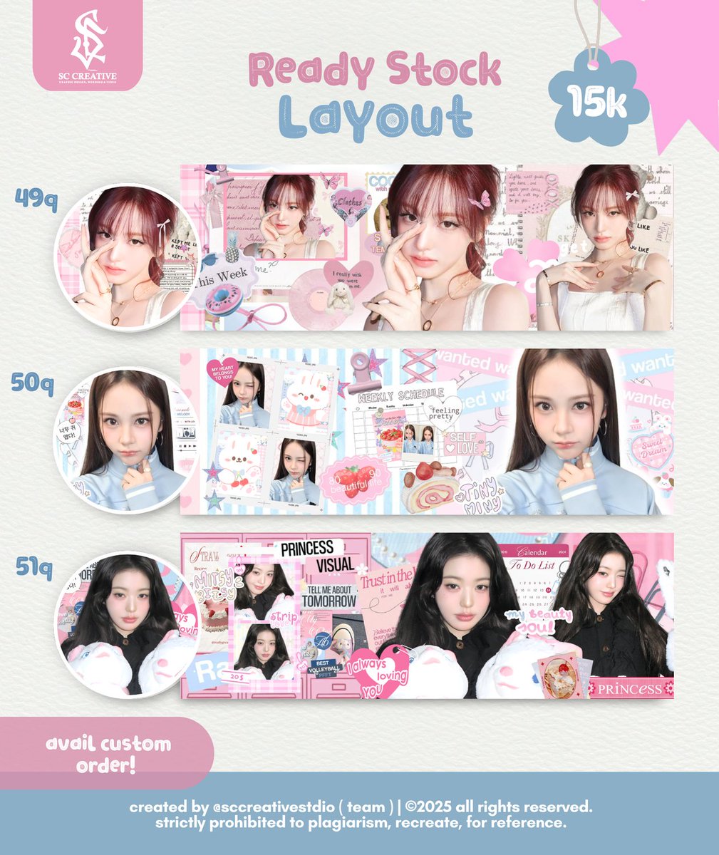 SCCREATIVEarts's tweet image. Help repost? thank u 💗
Hai teman timun, aku kembali membawa layout ready stock daru
Karina, Leeseo, Saebi (izna), Liz, Carmen &amp;amp; Wonyoung ✨

Yok jemput layoutnya dan upgrade vibesmu jadi lebih cantik 🪄
☎️ CP: @sccreativestdio 
#zonauang #zonaba
