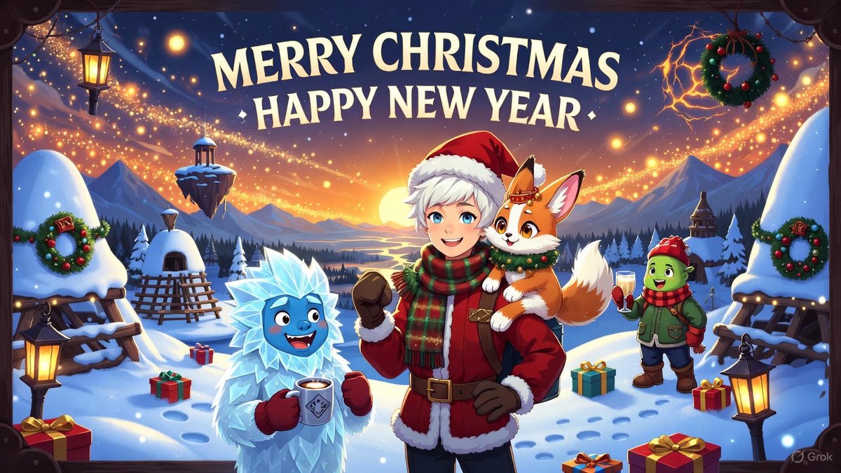 timeless_timmy's tweet photo. 🎄⏳ Merry Christmas &amp; Happy New Year from Timmy the Time Traveller and the crew! Luna's illusions are lighting up the holidays, Frostbite's chilling with snow forts and Pukey Apple's spiking the eggnog (watch out!). Wishing you epic adventures in 2026! 🚀🦊❄️🍏#HappyHolidays https://t.co/zatEg1da04