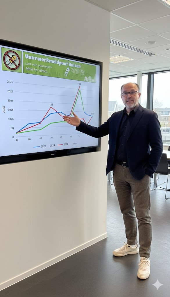 De vuurwerkoverlast in Huizen stijgt hard. Er zijn dit jaar al 388 meldingen binnen, veel meer dan vorig jaar. In week 51 kwamen er 93 nieuwe klachten bij, vooral uit Bovenmaten en Gooierhoofd.  Overlast ervaren? Meld het via: rubenwoudsma.nl/vuurwerkmeldpu…  #Huizen #vuurwerk