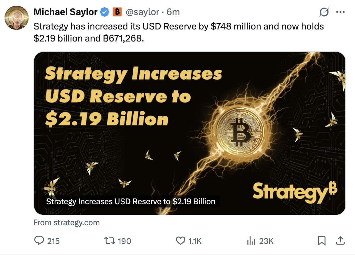 BREAKING 🚨 Michael Saylor announces $MSTR Strategy has boosted its USD  reserves by $748M. They now hold $2.19B in cash and 671,268 Bitcoin $BTC.