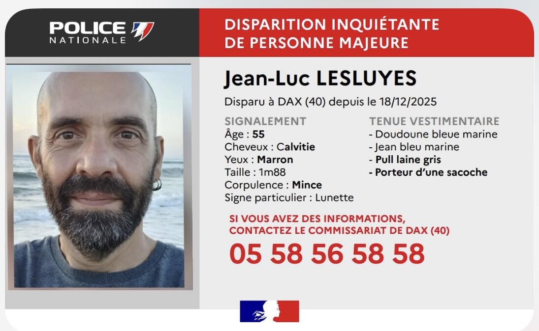 La police lance un avis de recherche pour retrouver Jean-Luc Lesluyes, 55 ans, porté disparu depuis le 18 décembre à Dax
➡️ l.leparisien.fr/Ujw0