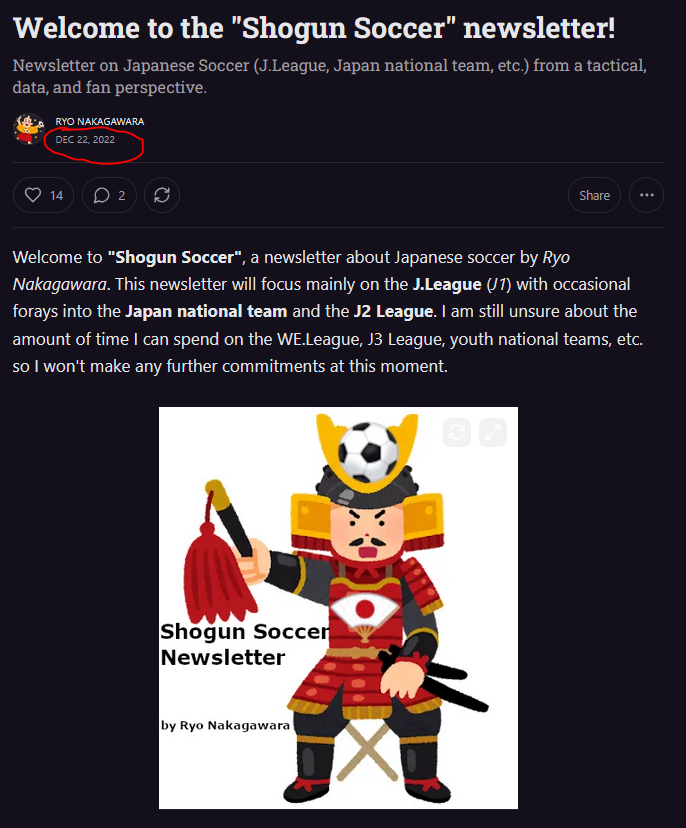 R_by_Ryo's tweet image. Today is the 3rd anniversary of "Shogun Soccer", my newsletter on Japanese football 🇯🇵⚽️!

Thanks to all those who've supported my work 🙏

With the 100 Year Vision #JLeague &amp;amp; the 2026 World Cup, I'm hoping to provide even more insight in 2026 &amp;amp; the years to come 🫡