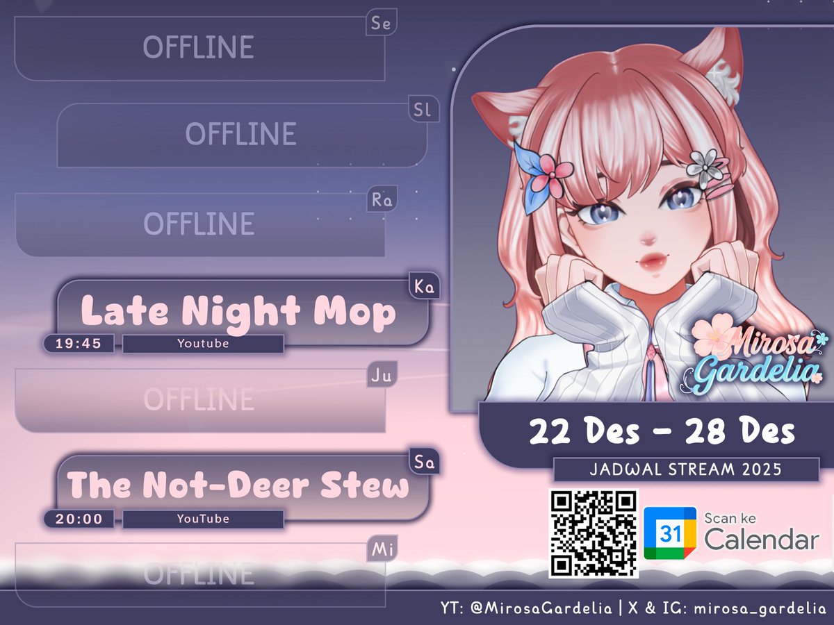 mirosa_gardelia's tweet photo. Hewoo Semua! Akhir bulan ini full horor ga sih?? Yuk jangan lupa meninggalkan jejak kalian disini ๐ฑ๐ฉท
(Late Night Mop) - https://t.co/a5Q9DBtnAh
(The Not-Deer Stew) - https://t.co/5GJxGIsQ5g
#osalive #osans #Vtuber #Livestream https://t.co/JPo8SRlPNf