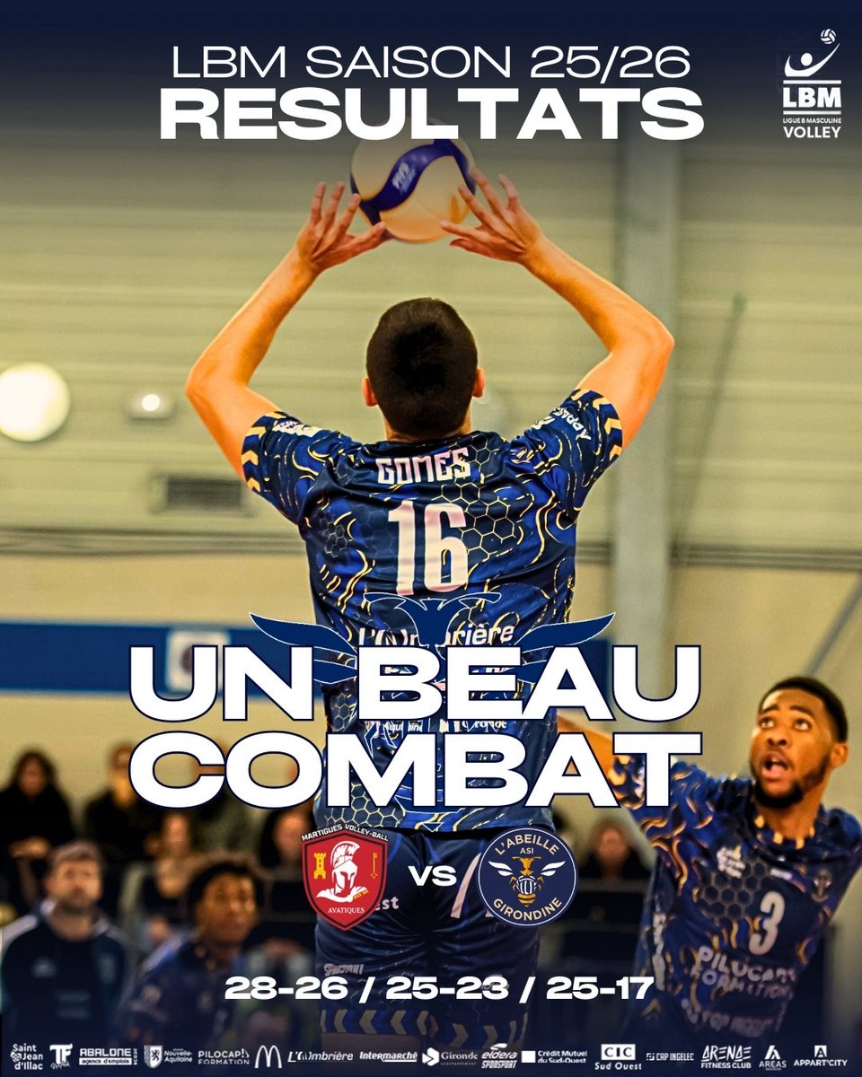 ASIVB's tweet image. UN BEAU COMBAT ]🐝
11e journée de LBM
Défaite 3–0 à Martigues Volley-Ball, mais une prestation engagée et pleine de détermination pour l’Abeille Girondine ASI face à une équipe solide. 💪⚔️

Chaque match fait grandir le groupe.
🔜 Cap sur la 12e journée à Cambrai Volley 59. 🔥