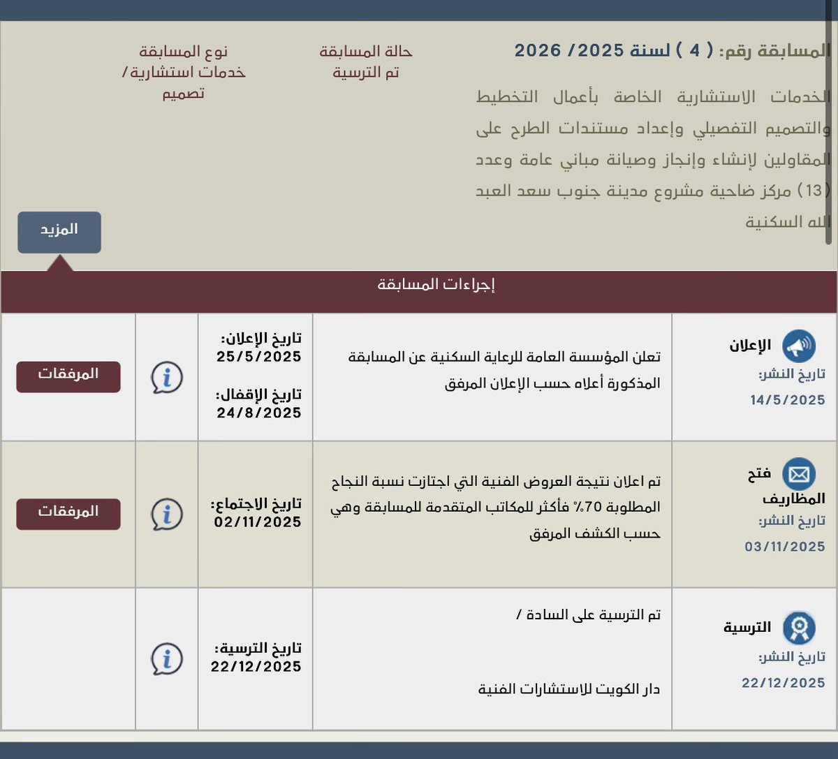 تمت الترسية ✅
➖➖➖➖➖

لمناقصة الخدمات لتخطيط وتصميم وإعداد مستندات طرح، لإنشاء وصيانة مباني عامة و13 مركز ضاحية في مدينة #جنوب_سعد_العبدالله 

على شركة : دار الكويت للاستشارات الفنية