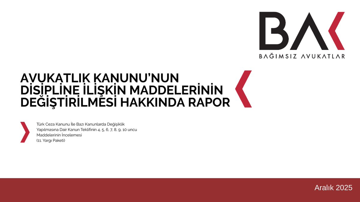 📢 Bağımsız Avukatlar olarak, AYM iptal kararı sonrası 11. Yargı Paketi kapsamında Meclis’e gelen ve avukatlık disiplin hukukunu yeniden düzenleyen kanun teklifini inceledik. 

🔗 Rapora ulaşmak için: drive.google.com/file/d/1fA39qX…