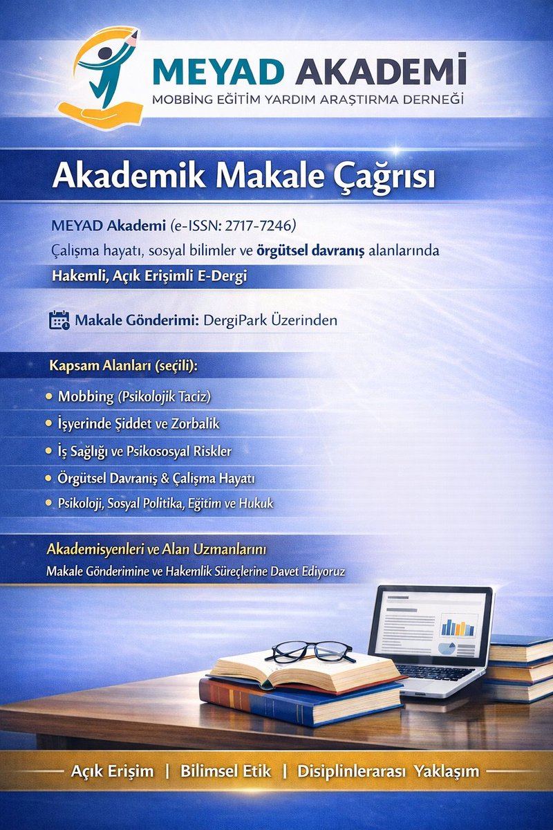 MEYAD Akademi çalışma hayatı, sosyal bilimler ve örgütsel davranış alanlarında yayımlanan, hakemli ve açık erişimli bir akademik e-dergidir.
 Disiplinlerarası alanlarda çalışan akademisyenleri ve alan uzmanlarını, dergimize bilimsel makale göndermeye davet ediyoruz.