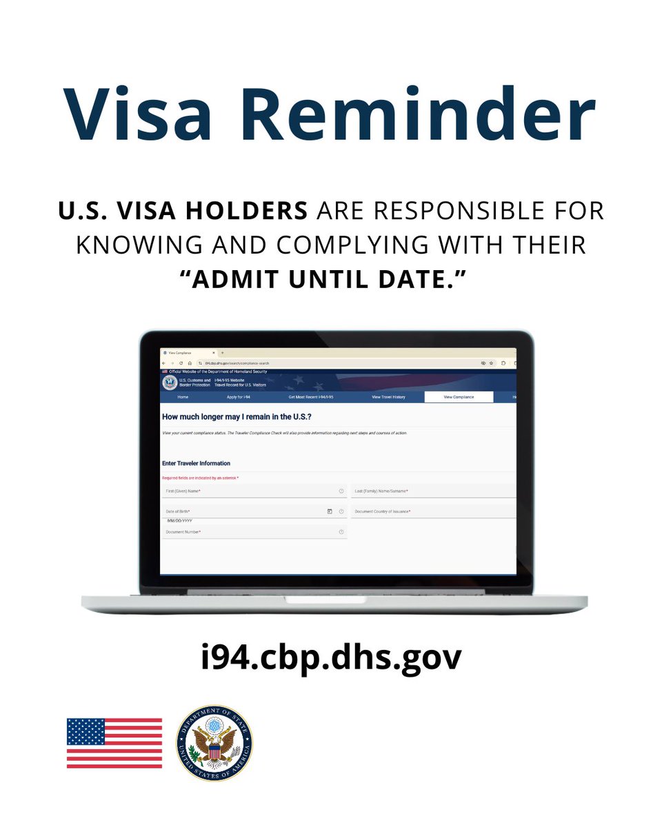 Respect the terms of your U.S. visa and your authorized period of stay in the United States. Remaining in the United States past your I-94 “Admit Until Date” can lead to severe consequences such as visa revocation, possible deportation, and ineligibility for future visas.