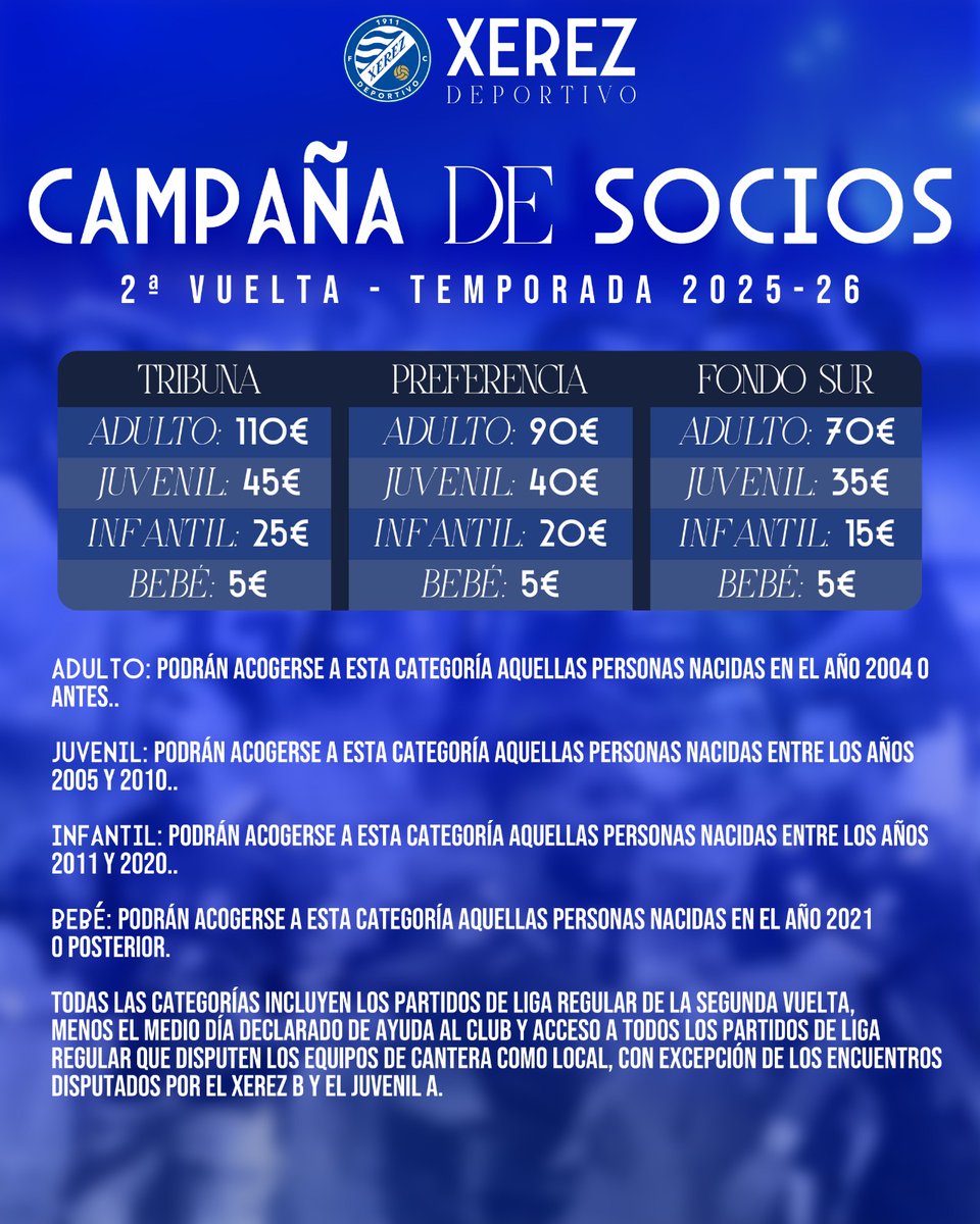 XerezDFC's tweet image. CARTEL 🔵 | Campaña Segunda Vuelta 2025/26

📆 A partir de este lunes puedes hacerte socio y dueño del #XerezDeportivo

💙⚔️ Porque nos quedan muchas batallas que librar. Muchas historias que contar: 𝐋𝐚 𝐢𝐥𝐮𝐬𝐢ó𝐧 𝐝𝐞 𝐬𝐞𝐠𝐮𝐢𝐫 𝐜𝐫𝐞𝐲𝐞𝐧𝐝𝐨

Más info ➡️…