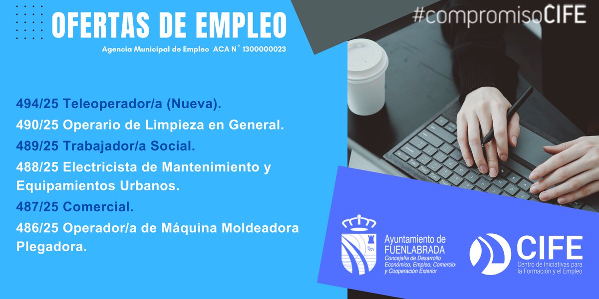 🎯 OFERTAS DE EMPLEO DESTACADAS – FUENLABRADA
📅 Actualizado: 22 Diciembre 2025
📍 Ofertas gestionadas por el CIFE – Ayuntamiento de Fuenlabrada
🔗 Puedes acceder a la información de cada puesto en nuestra web:
cife.ayto-fuenlabrada.es/OfertasListado/