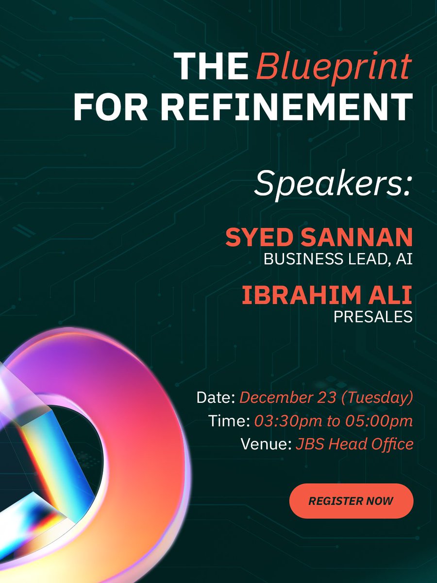 If Data is the new Oil, then AI is the Refinery. 

Capacity Update: Seats are strictly limited.
Reserve your seat at the table now: forms.office.com/r/5mXZrUYzE9?o… 

#JBS #WorksBetter #DigitalTransformation #AI #DataScience #OperationalExcellence