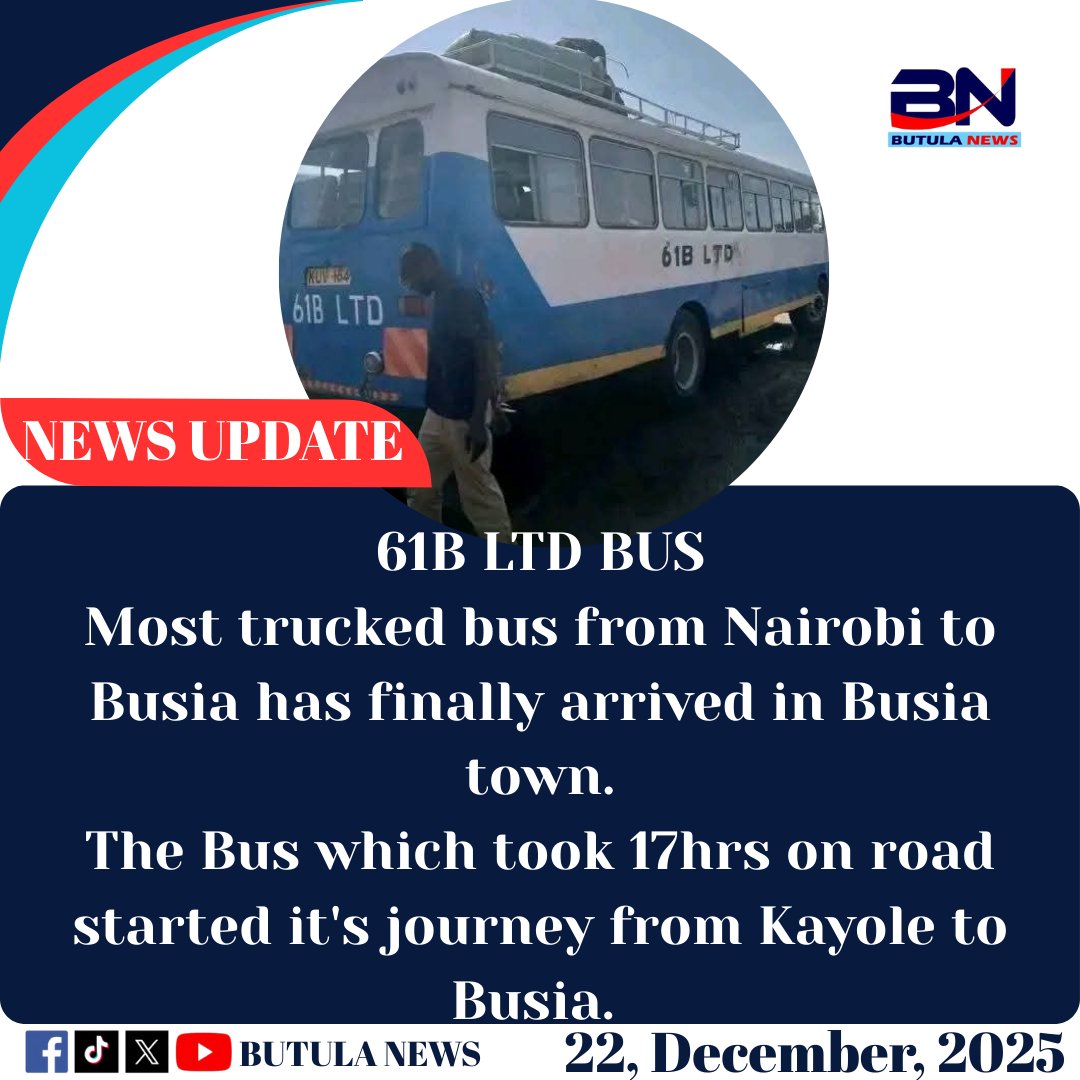 ButulaNews's tweet image. 61B LTD BUS
Most trucked bus from Nairobi to Busia has finally arrived in Busia town.
#busianewsupdate #butulabews #viralpost #MerryChristmas2025 #busiacounty