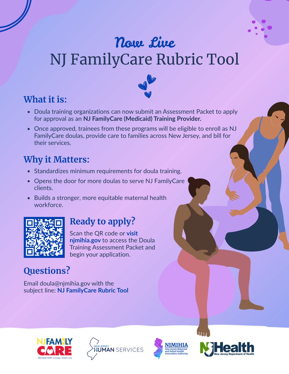 🚨 New Resource! 🚨
The NJ FamilyCare Rubric Tool is here.

Doula training organizations can now apply to become NJ FamilyCare (Medicaid) Training Providers—helping expand access to doula care and reimbursement for services across New Jersey. 

Learn more: njmihia.gov