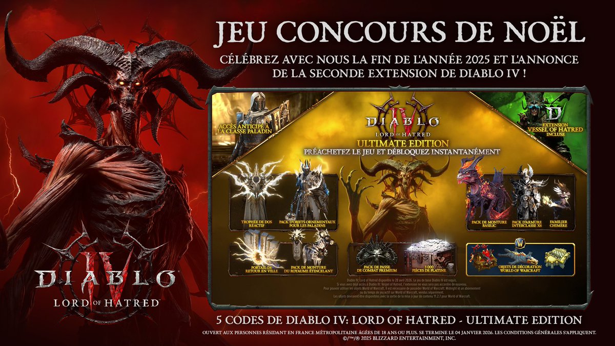 Diablo_FR's tweet image. Célébrez avec nous la fin de l'année 2025 ainsi que l'annonce de la seconde extension de Diablo IV et tentez votre chance pour remporter un code de l'Ultimate Edition de Lord of Hatred ! 🔥