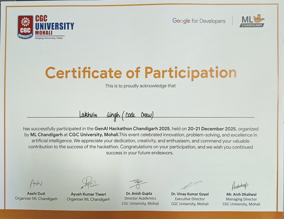 lakhvir_05's tweet photo. Grateful to join GenAI Hackathon Chandigarh 2025 at @cgcuniversity, organized by @TFUGChandigarh 🚀
Built MediGuard -- an AI health monitoring system using computer vision &amp; multi-agent AI, fully in Python.
24 hours, no sleep, massive learning!
#GenAIHackathon  #AI #Google https://t.co/LdO6RHhNuV