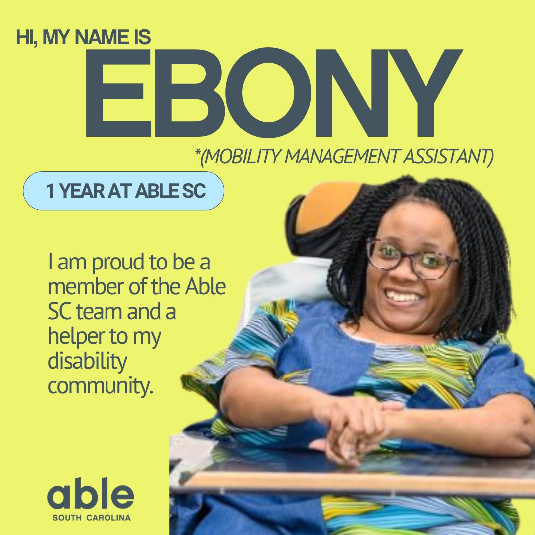 Able_SC's tweet image. We're celebrating Ebony's 1 year at Able SC! As a person with cerebral palsy, her skillset is shaped by her lived experience. "I am proud to be a member of the Able SC team and a helper to my disability community."

#DisabilityEmployment #WorkAnniversary #Celebrate