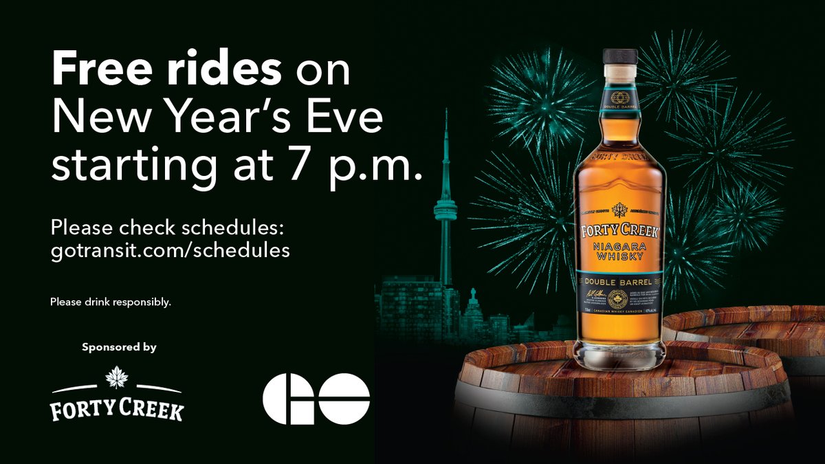 GOtransit's tweet image. Ring in the New Year with free GO Transit rides, courtesy of Forty Creek Whisky. Enjoy complimentary travel from 7 p.m. on Dec. 31 to 8 a.m. on Jan. 1 and extra late-night train service on every line. GO bus service also available on Dec. 31.
Learn more at gotransit.com/nye