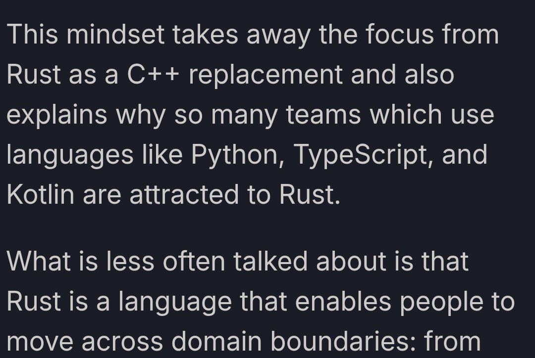 AstraKernel's tweet image. 🦀 Rust, language for building foundational software

&amp;gt; enable everyone to build reliable and efficient software

- Rust is not only for system programming. It is one of its area. 

It is great for even creating CLI, TUI and other programs

corrode.dev/blog/foundatio…