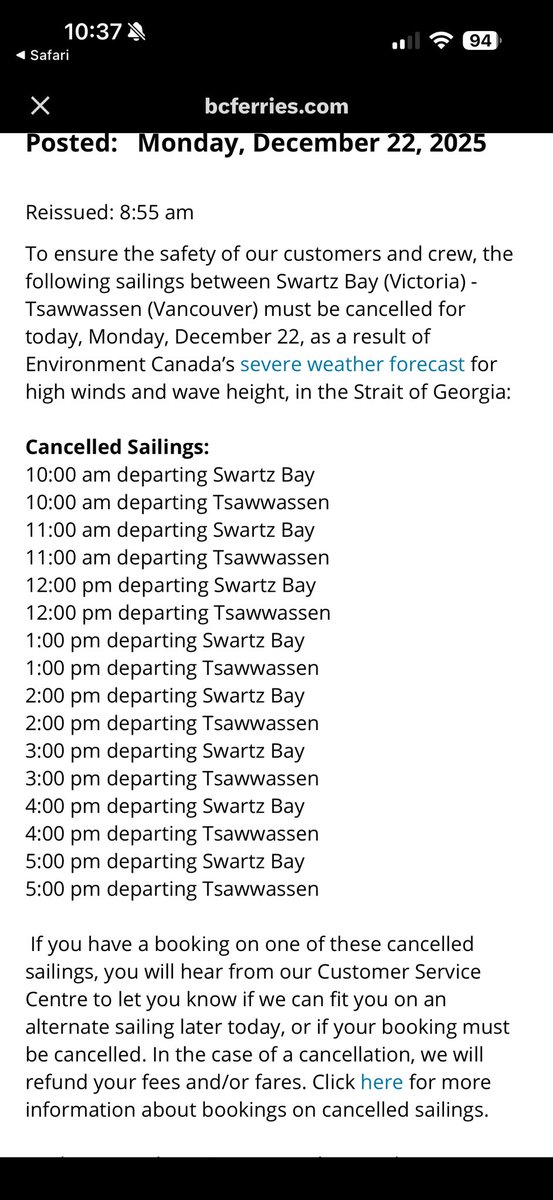tothenicslevel's tweet photo. @BCFerries Is 6pm sailing from Swartz bay to Tsawwassen affected? Or sailing until 5pm only? It’s confusing. https://t.co/gadFIt6nQ9