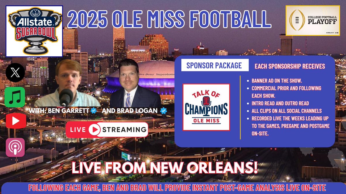BradLoganCOTE's tweet image. LIVE FROM NEW ORLEANS:

Join Ben Garrett (@SpiritBen) and I LIVE from New Orleans on New Year's Eve for a jam packed live show and also The Drive Home following the Sugar Bowl. 

Want to be a sponsor? Please shoot either of us a DM or email me: Brad.Logan@LoganMediaNetwork.com