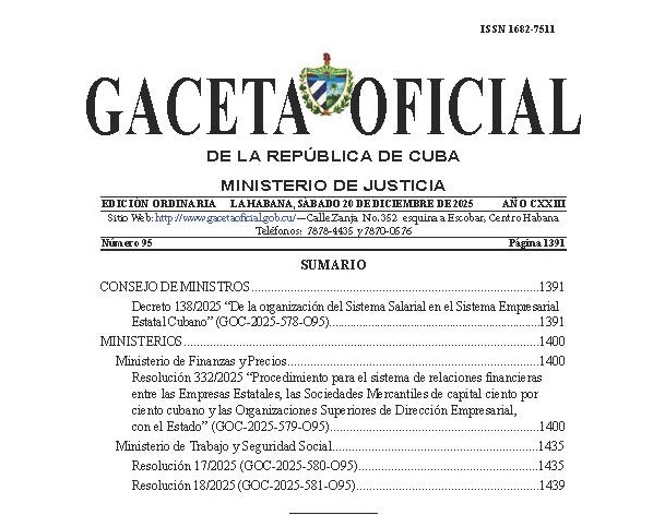Publicado el Decreto 138/2025. De la organización del sistema salarial en el sistema empresarial estatal cubano en la Gaceta Oficial de la República. GOC-2025-O95 de 20 de diciembre de 2025. 
#TransporteCuba 
gacetaoficial.gob.cu/sites/default/…