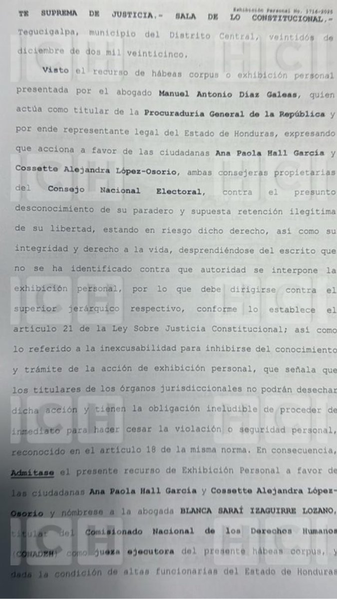 HCHTelevDigital's tweet image. 🔴 La Sala de lo Constitucional admite recurso de hábeas corpus y nombra como juez ejecutora a Blanca Sarahí Izaguirre, titular del Comisionado Nacional de los Derechos Humanos (CONADEH).

MN
